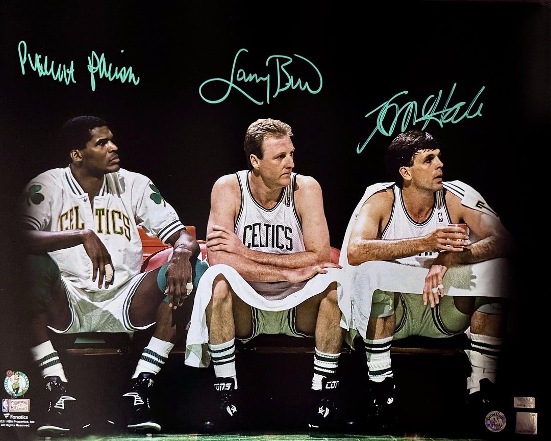 Larry Bird, Kevin McHale, Robert Parish Signed Boston Celtics 16x20 Photo (Green Ink) - NEP and Bird COA